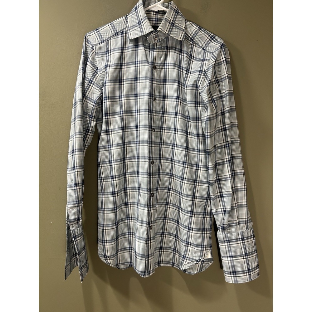 Tom Ford Blue Plaid Dress Shirt Made to Measure 2 Button Barrel Cuff 38/15 *Flaw